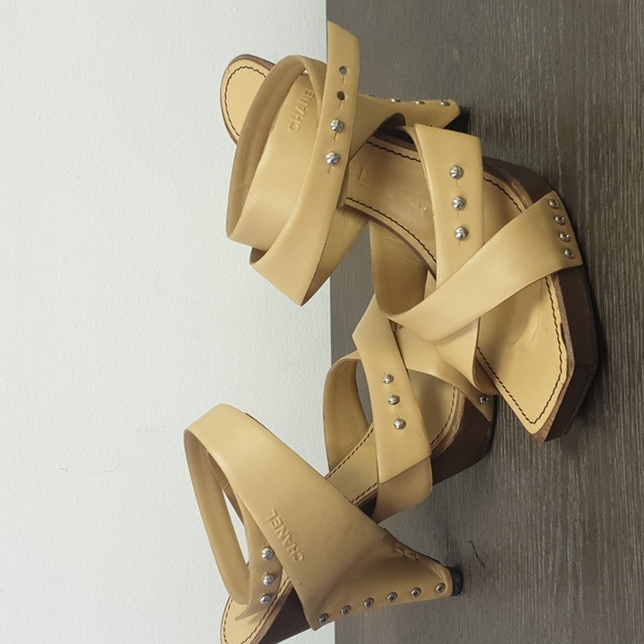 ♡CHANEL♡leader and wood sandals sz 10B - Picture 1 of 11